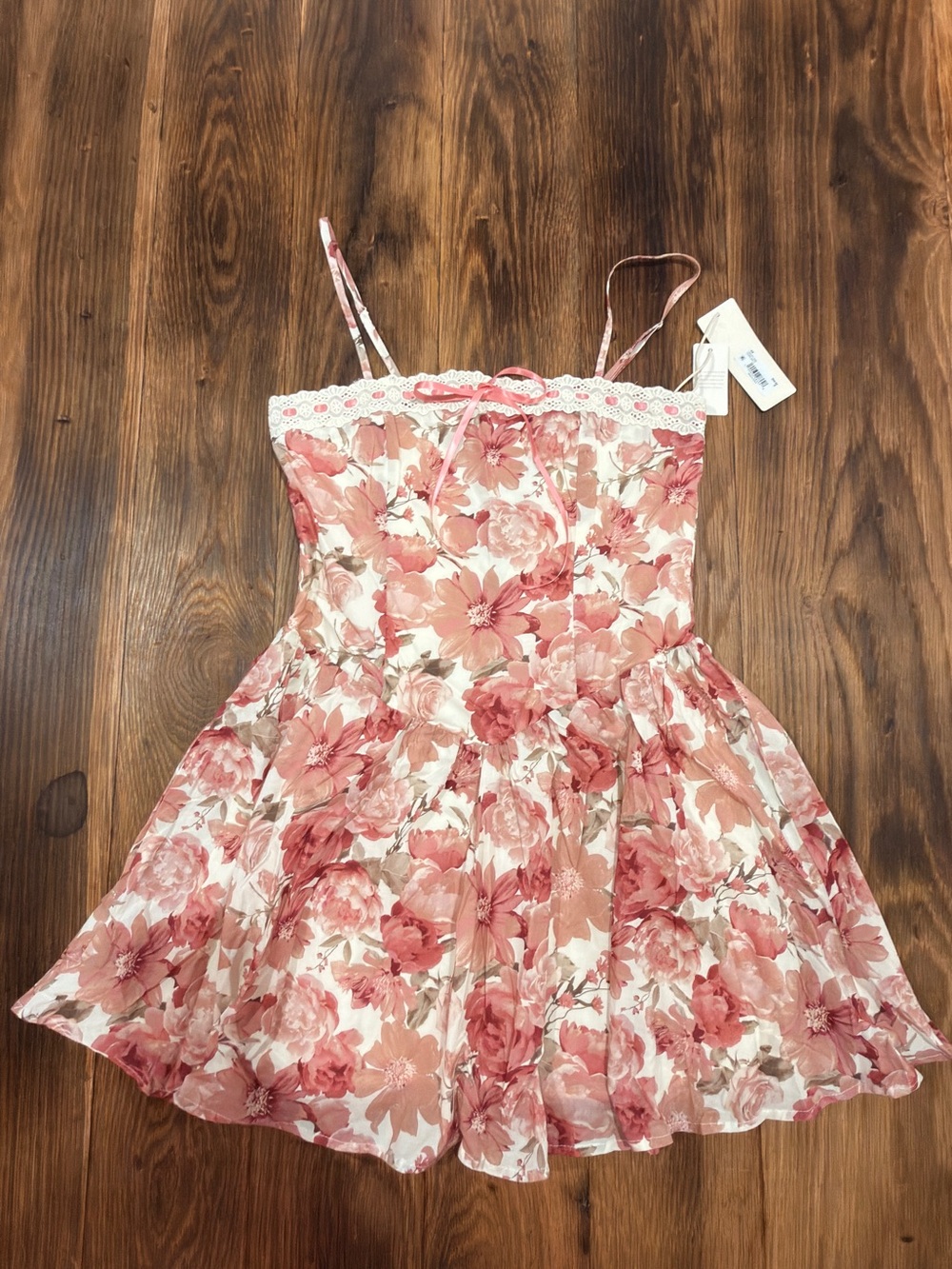 Altar'd State Pink Floral Mini Dress with Lace Trim